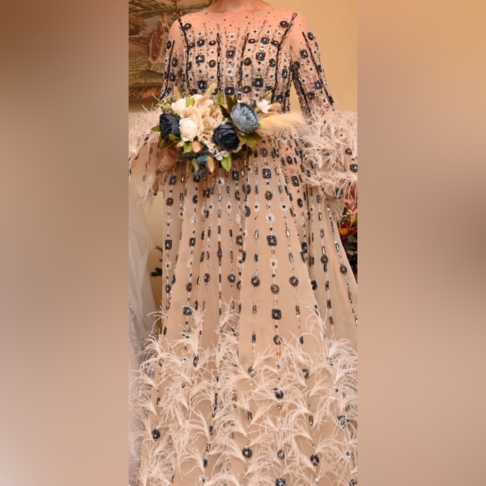Cream Sequin Embellished Long Sleeve Gown - Picture 7 of 9